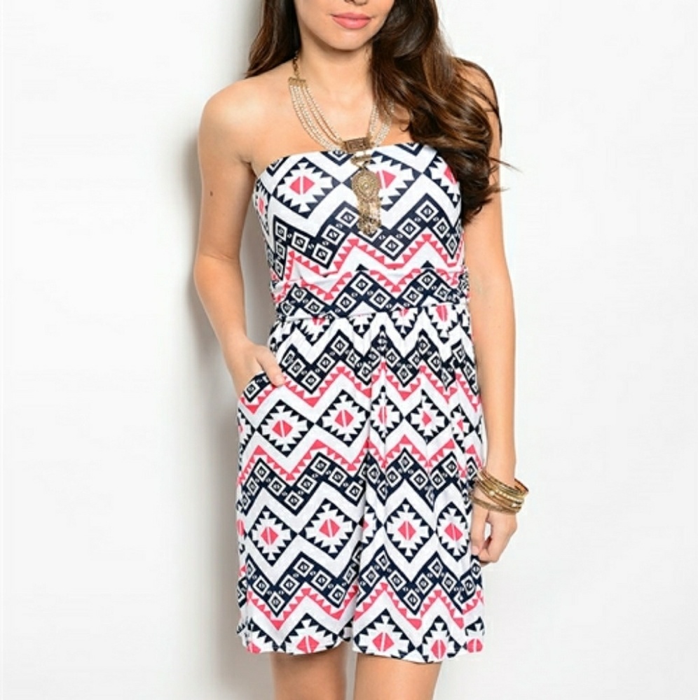 Aztec Chevron Print Strapless Sundress w Pockets S